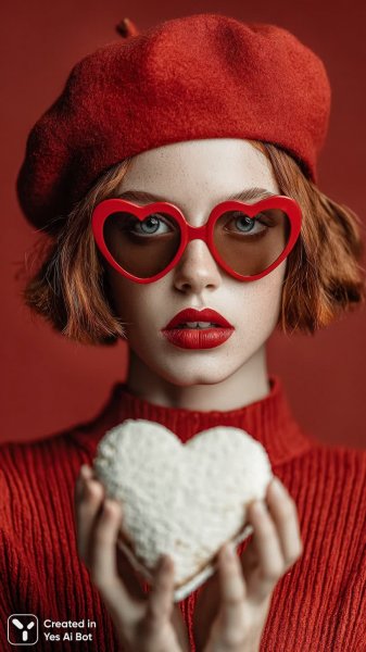 Девушка с тортом: романтика в красных тонах. Картинка из нейронной сети Midjourney