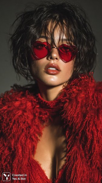 Яркая красотка в красных очках и пушистом свитере: эффектный портрет с серебряными стрелами. Нейронная сеть Миджорни