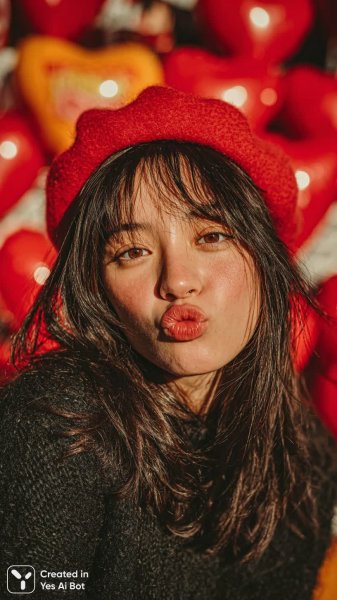 Девушка в красной беретке с воздушными шарами в форме сердца. Генерация из нейросети Midjourney