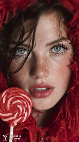 Девушка с темной подводкой и красным свитерером: стильный портрет в студии. Картинка из нейронной сети Миджорни