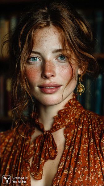 Нежность и утонченность: портрет в библиотеке с теплым светом. Картинка из нейронной сети Midjourney