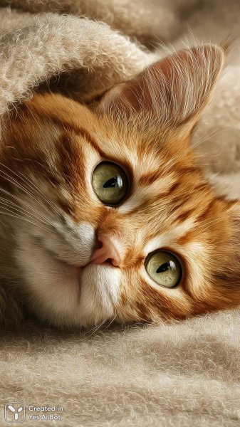 Очаровательный рыжий котёнок с большими зелёными глазами на уютном пледе. Картинка из нейронной сети Midjourney