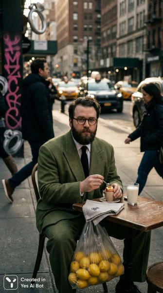 Мужчина в зеленом костюме и серьезный взгляд: элегантность городской повседневности. Нейросеть Nano-Banana