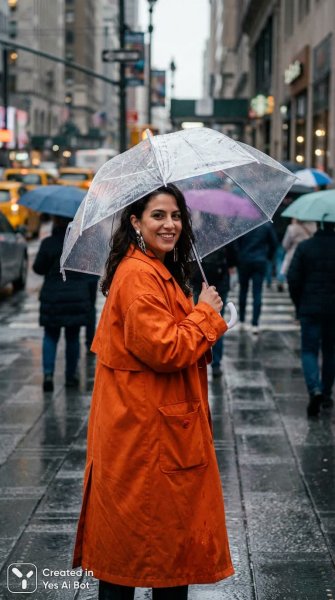 Стиль и уверенность в дождливом городе. Генерация из нейросети Nano-Banana