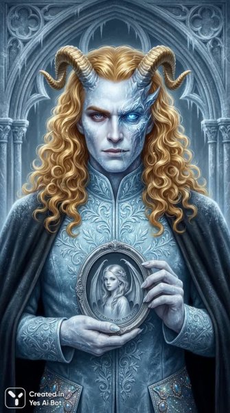 Зачарованный портрет: получеловек-полувампир в синем платье и золотых локонах. Изображение из нейросети NanoBanana