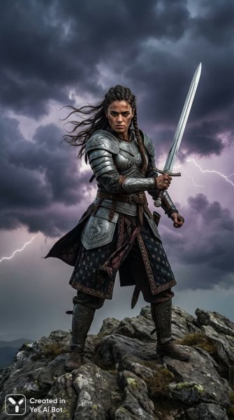 Воинственная амазонка на скале в бурю: эпический портрет силы и решимости. Картинка из нейросети Nano-Banana