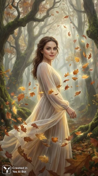 Очаровательная девушка в белом платье: осенняя сказка и волшебный лес. Нейросеть Нано Банана
