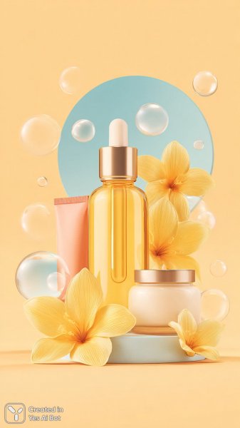 Яркая косметика в нежных тонах: минималистичный векторный дизайн с цветами и пузырьками. Нейросеть Midjourney