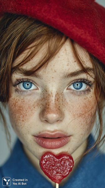 Девушка с голубыми глазами и красным беретом: нежная мода в деталях. Картинка из нейросети Миджорни