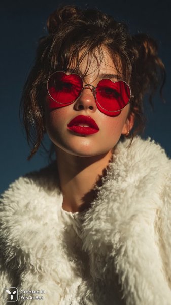 Девушка в красных очках и белом меху: игривое настроение на фоне сердец. Генерация из нейронной сети Миджорни