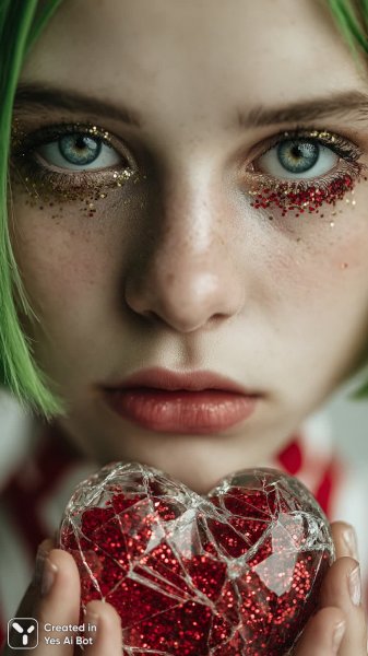 Сломанное сердце в блестках: драматичный портрет с зелеными глазами. Картинка из нейросети Midjourney