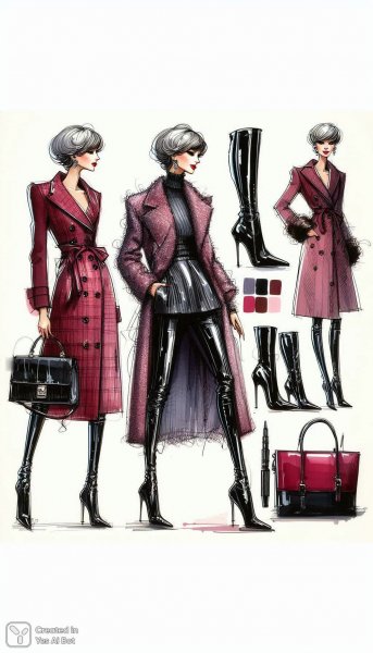 Эскиз капсулы: элегантность в вишневом пальто и бордовой сумке. Изображение из нейронной сети Dalle-3