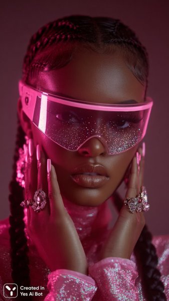 Яркая красотка в неоновом свете: футуристический портрет с розовыми косичками и глиттером. Изображение из нейронной сети Миджорни