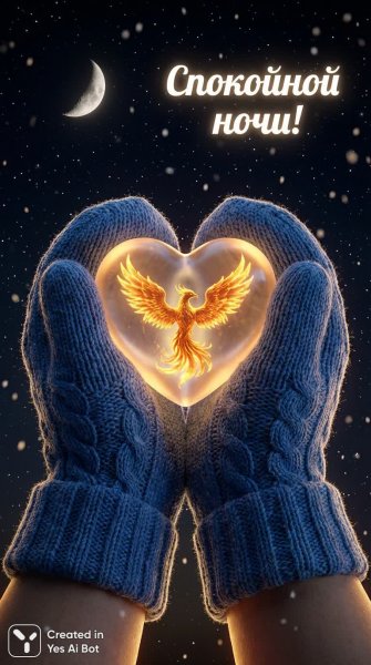 Ночь, варежки, сердце, феникс и зимняя сказка. Изображение из нейронной сети NanoBanana