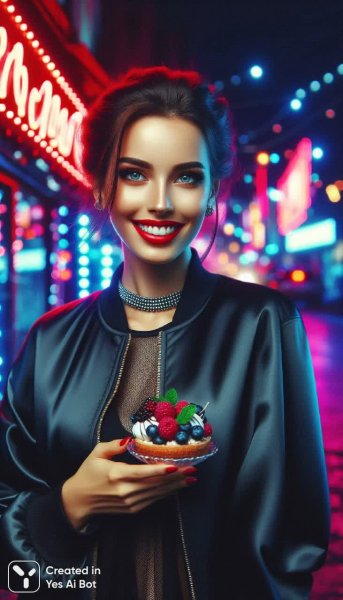 Неоновый город: стильная брюнетка с дерзким взглядом и сладким десертом. Нейронная сеть Dalle