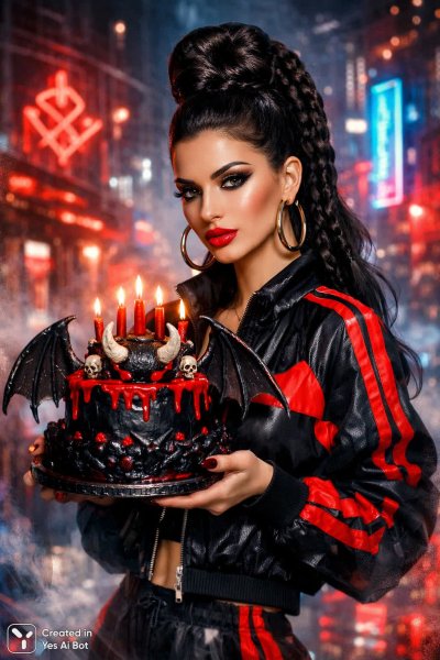 Таинственная брюнетка: киберпанк гламур и демонический торт в ночном городе. Генерация из нейронной сети Sora