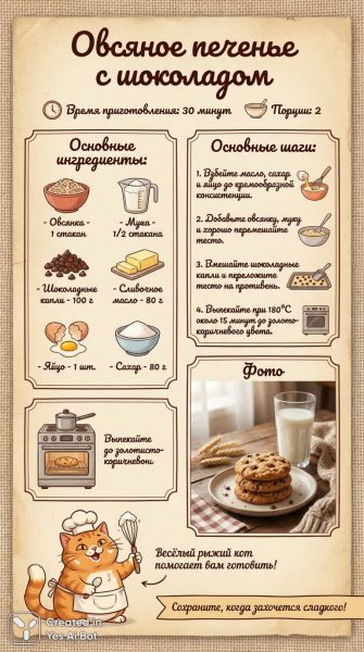 Ароматное овсяное печенье с шоколадом: простой рецепт для сладкого перекуса и уютного чаепития. Нейросеть NanoBanana