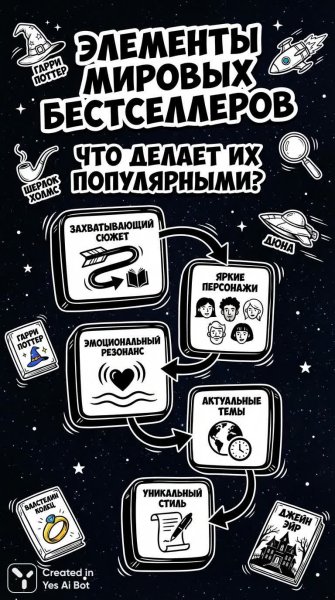 Мировые бестселлеры: динамичная инфографика об элементах успеха в книгах. Генерация из нейронной сети NanoBanana