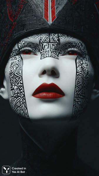 Лицо в геометрических узорах: фантастический портрет с яркими деталями и причудливым освещением. Картинка из нейронной сети Миджорни