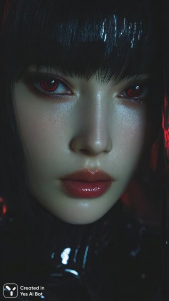 Киберпанк портрет: взгляд сквозь красные глаза и графический макияж в стиле фэнтези. Изображение из нейросети Midjourney