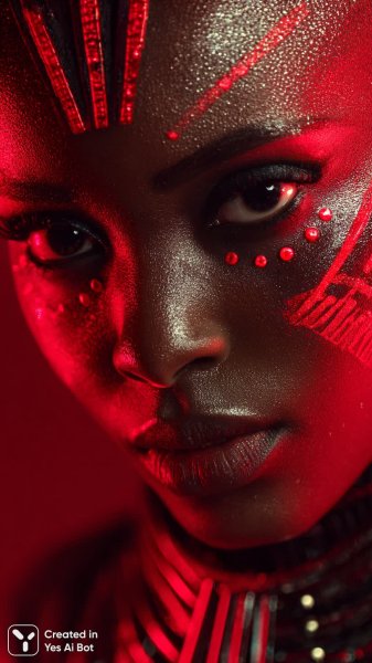 Яркий киберпанк образ с огненным макияжем и неоновым фоном. Картинка из нейронной сети Миджорни