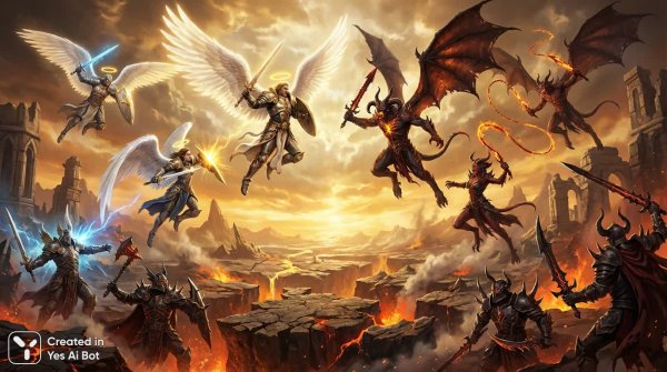 Небесная и адская война: эпическое столкновение света и тьмы в небесах. Генерация из нейросети NanoBanana