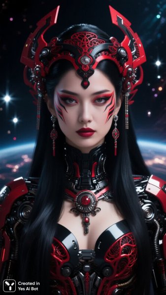Загадочная красавица в черном и красном с волшебным взглядом. Изображение из нейронной сети Qwen