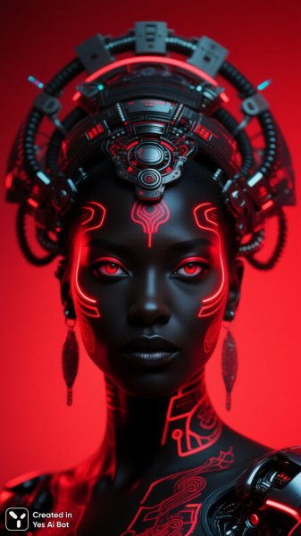 Яркий портрет с неоновыми татуировками и красным фоном. Нейронная сеть Qwen Image