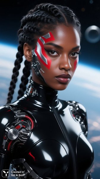 Эффектная африканка в футуристическом образе: яркий контраст и сюрреализм. Генерация из нейронной сети Qwen