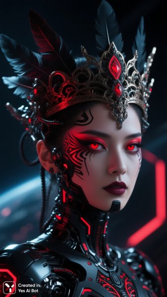 Яркая киберпанк королева с огненным взглядом и фантазийным макияжем в деталях. Изображение из нейросети Qwen Ai Images