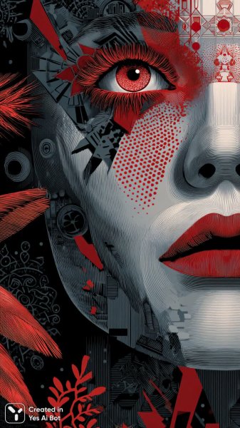 Яркий образ киберпанк-женщины с эффектным макияжем и детализированной графикой в стиле фэнтези. Генерация из нейронной сети Midjourney