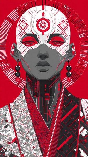 Киберпанк: Темный силуэт в геометрическом узоре и алом взгляде. Изображение из нейросети Midjourney