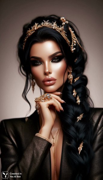Роскошный портрет женщины с длинными черными косами и золотым акцентом. Генерация из нейронной сети Dalle
