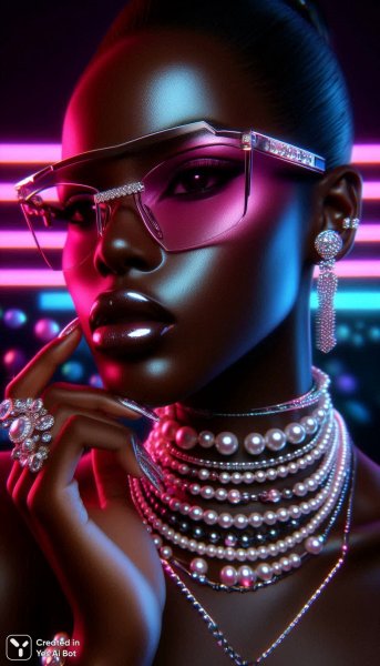 Неоновый портрет: кибергламур и сверкающие жемчуга в деталях. Картинка из нейронной сети Dalle 3