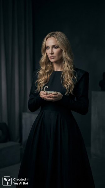 Загадочная красотка с длинными светлыми волосами и белым скорпионом в руках. Нейросеть Нано Банана