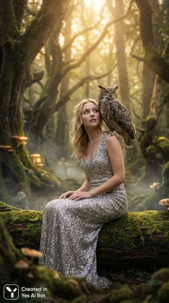 Девушка и сова в волшебном лесу: серебряное сияние и золотой свет. Нейронная сеть Nano-Banana