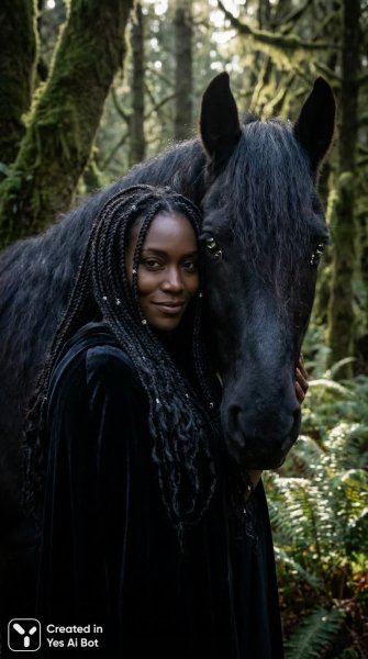 Загадочная красавица и серебряный конь в волшебном лесу. Картинка из нейронной сети Nano-Banana
