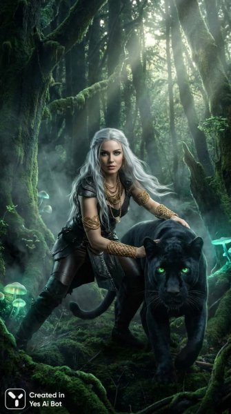 Серебряная нимфа и чёрный пантера в таинственном лесу. Нейросеть NanoBanana