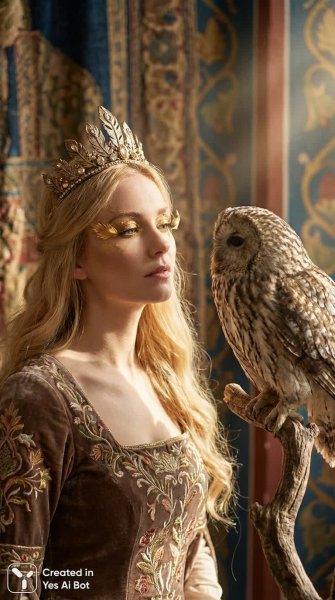 Загадочная красавица с совой и роскошным нарядом в золотом свете. Нейросеть Нано Банана