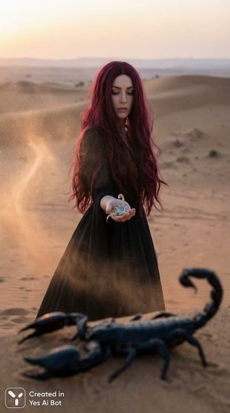 Девушка в черном кружеве и белый скорпион на фоне пустыни. Генерация из нейронной сети Nano Banana