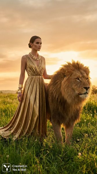 Изысканная леди и царственный лев: фото в золотом великолепии. Генерация из нейронной сети Нано Банана