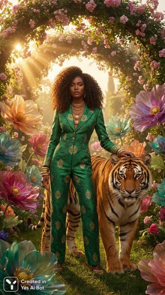 Уверенность и сила: женщина, тигр и яркий стиль. Картинка из нейронной сети Нано Банана