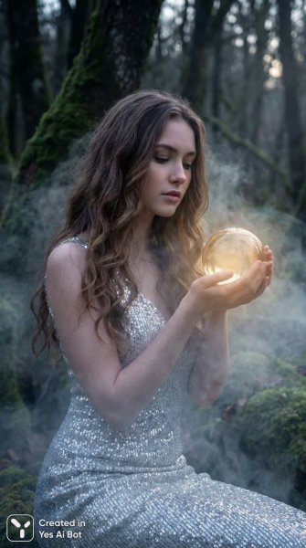 Загадочная девушка в серебристом платье с хрустальным шаром и волшебным светом. Картинка из нейронной сети Nano-Banana