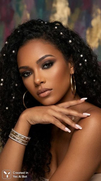 Роскошная женщина с эффектным макияжем и жемчугом в локонах. Генерация из нейросети Nano Banana