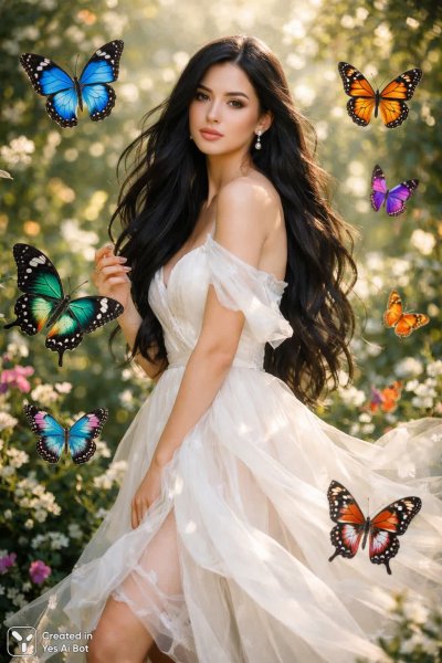 Волшебный сад и прекрасная девушка в белом платье среди бабочек. Генерация из нейросети Sora