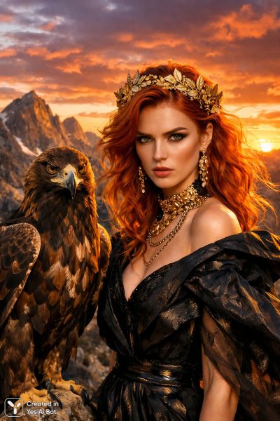 Гордая женщина и золотой орел на фоне закатного горного пейзажа. Изображение из нейронной сети Sora images Ai