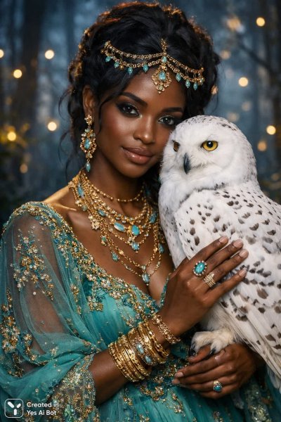 Загадочная встреча: женщина, сова и мерцающий лес в сумерках. Изображение из нейросети Sora images Ai