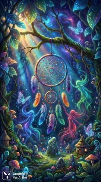 Ловец снов в волшебном лесу: яркие духи и сказочный свет. Изображение из нейронной сети Nano Banana