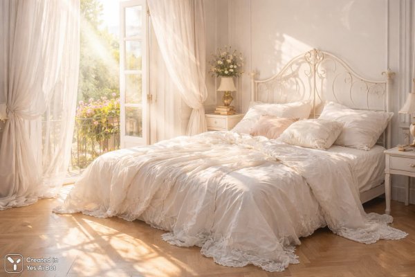 Солнечное утро и уютная спальня в светлых тонах. Генерация из нейронной сети Sora