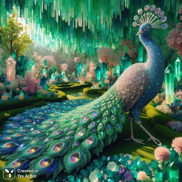 Изумрудный павлиний хвост в волшебном саду кристаллов. Нейронная сеть Dalle-3